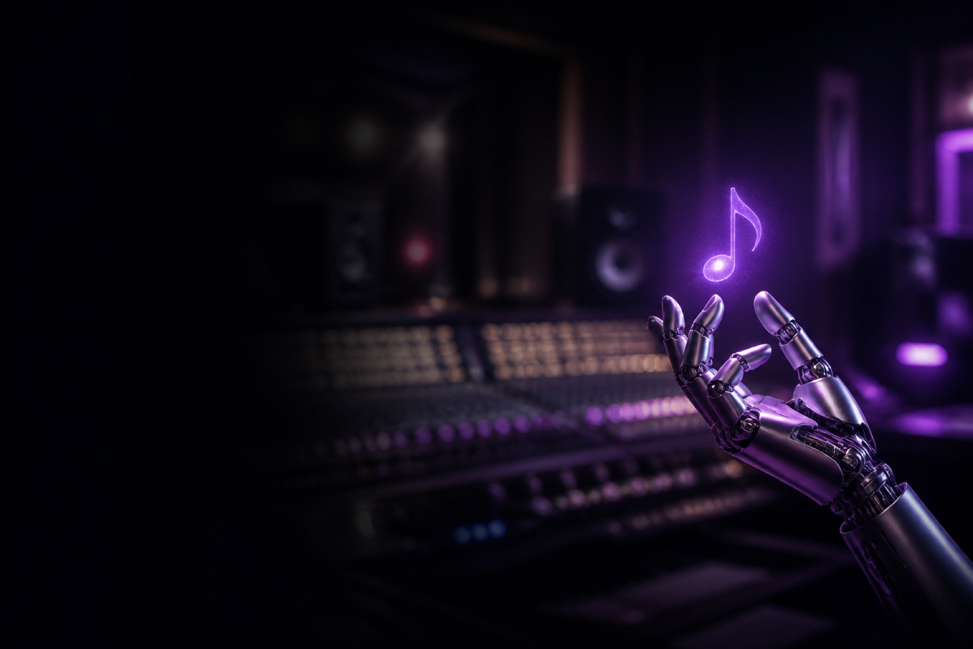 AI music technology — robotic hand reaching toward a glowing musical note in a studio