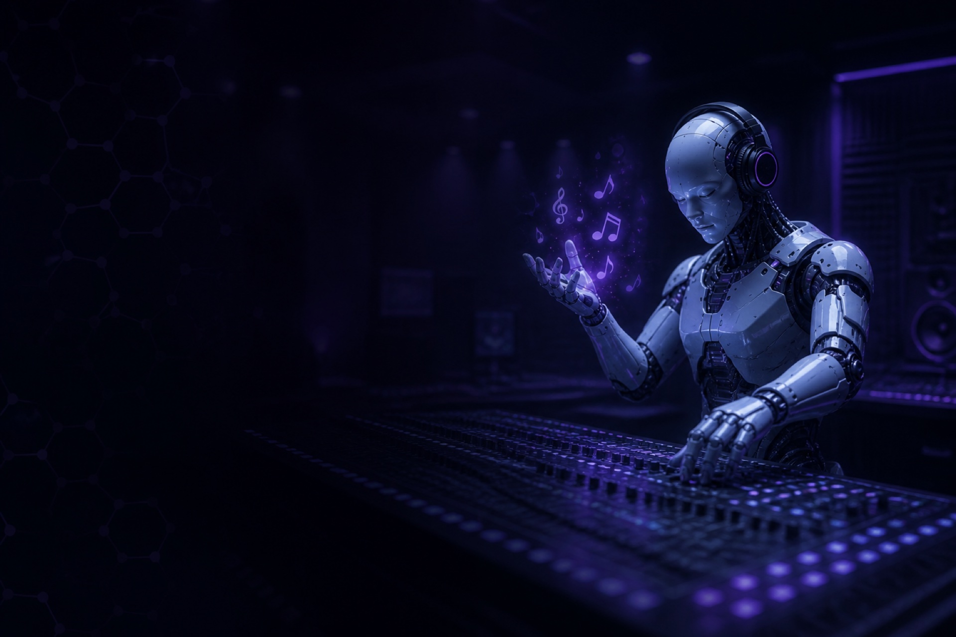 AI lyrics generator — robot at a mixing console with glowing musical notes
